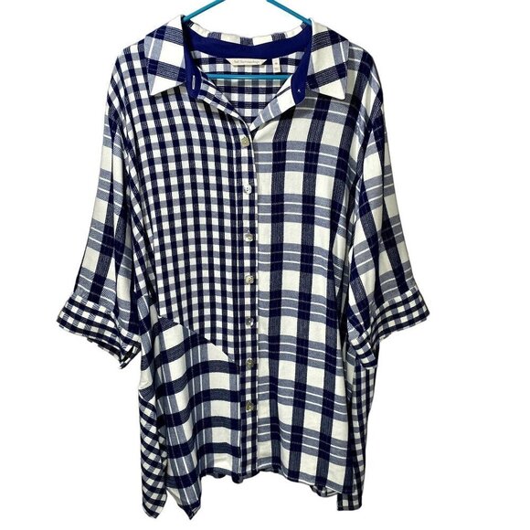 Soft Surroundings Huntleigh Button Up Asymmetric Plaid 3/4 Sleeve Top Size 2X - Picture 1 of 11